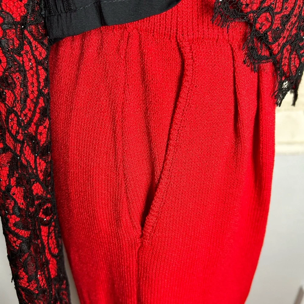 St.John floral lace jacket in Crimson with red Santana knit pants - Picture 4 of 6
